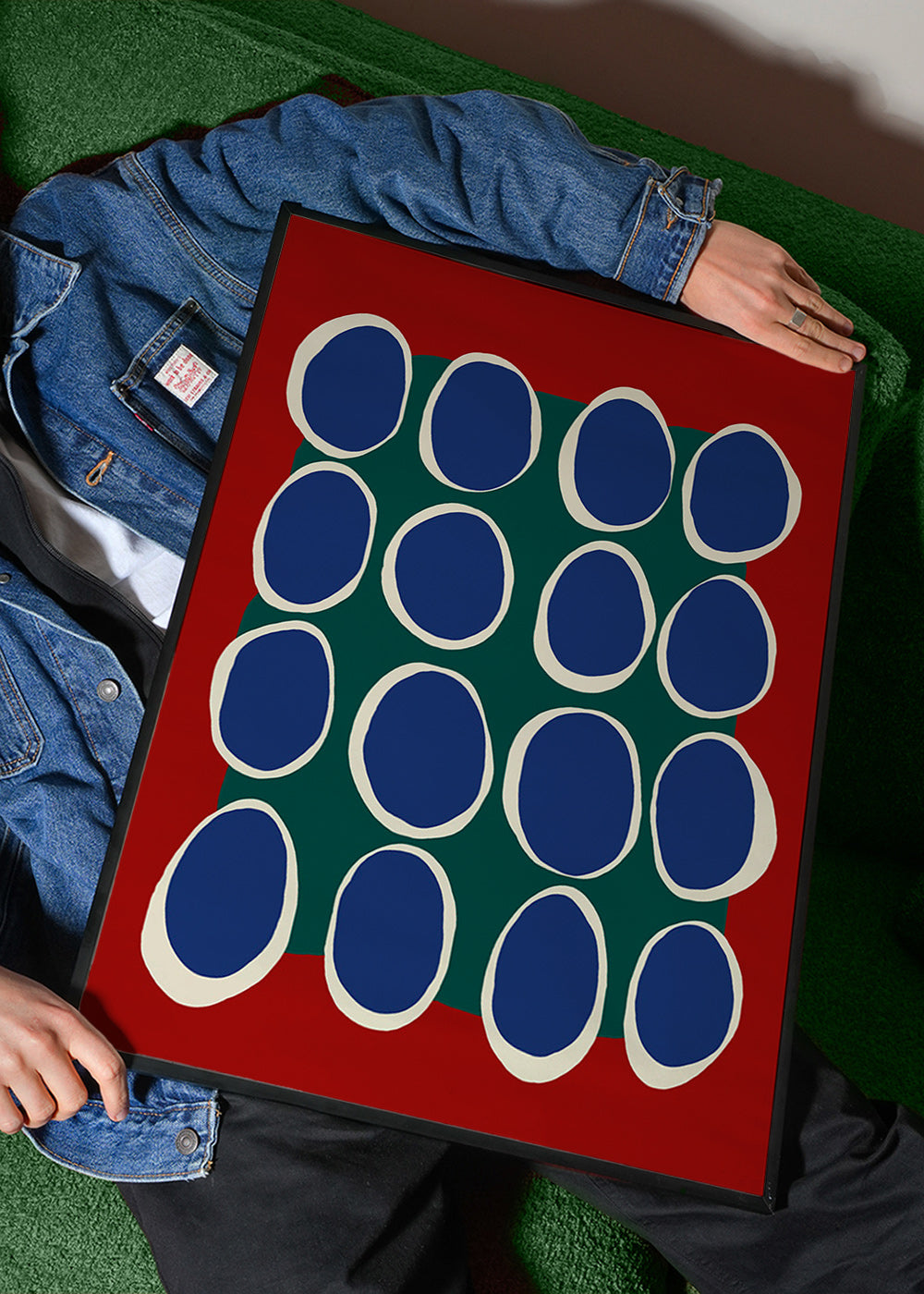 Cuadro geométrico con óvalos azules y bloque verde – Product2