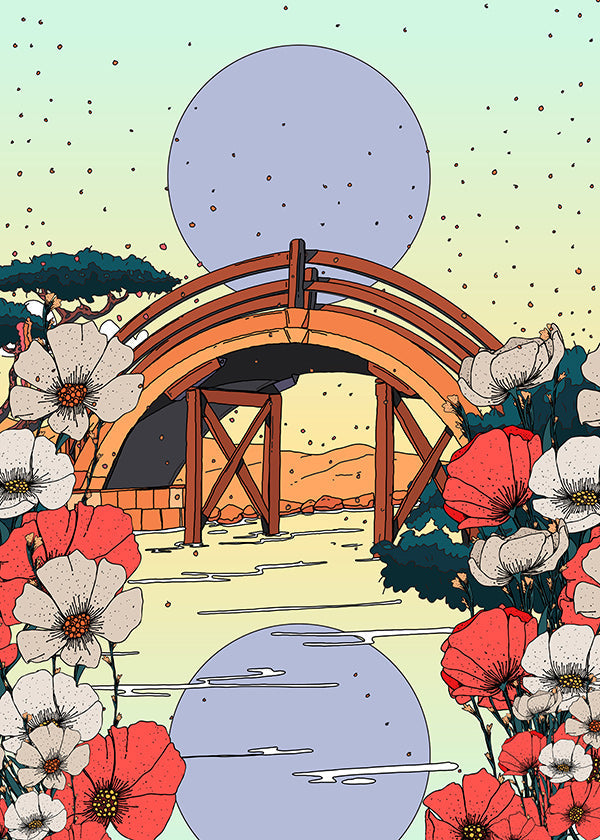 Cuadro de paisaje japonés con puente e hibiscos