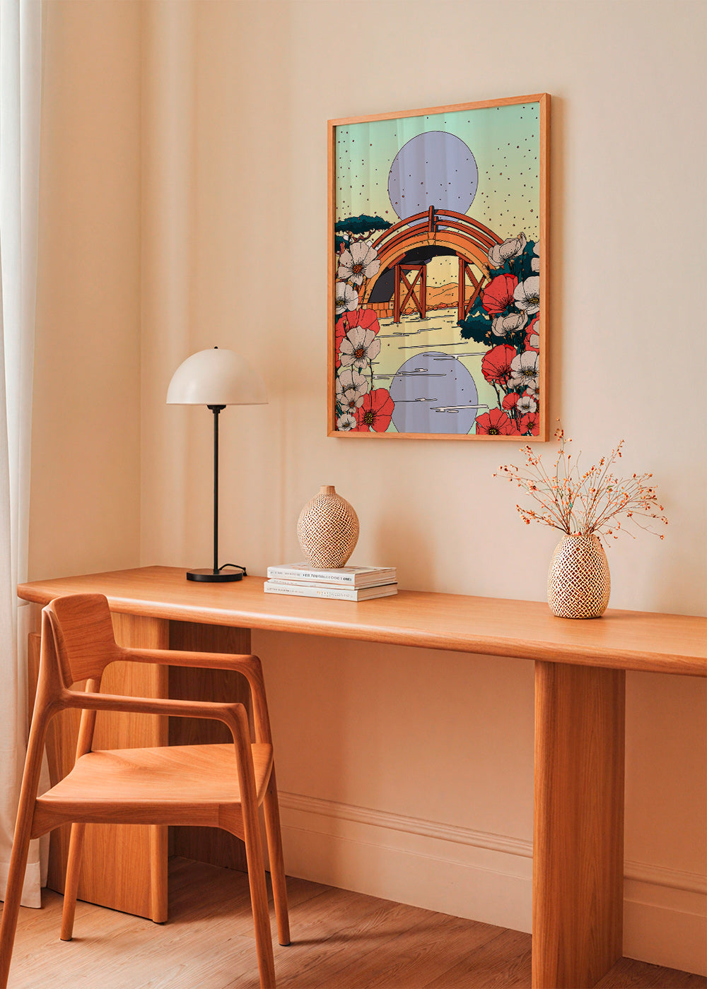 Cuadro de paisaje japonés con puente e hibiscos – Product2