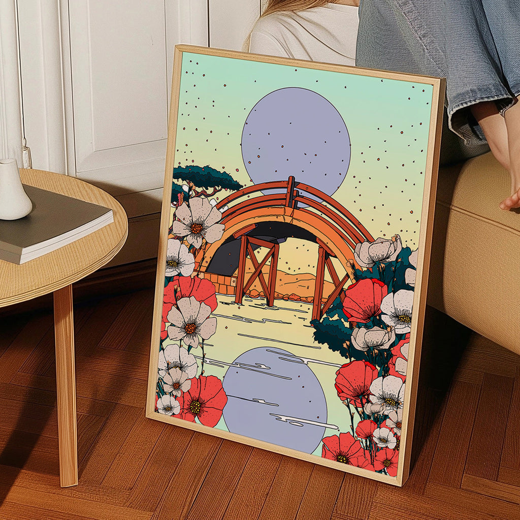 Cuadro de paisaje japonés con puente e hibiscos – Product3