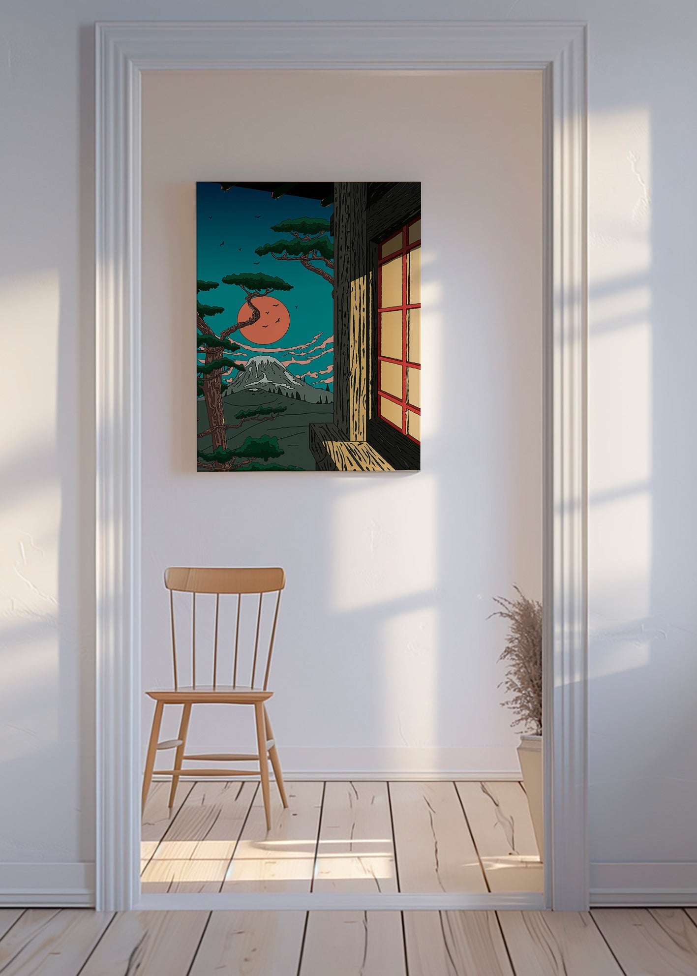 Cuadro de paisaje con pino y monte al atardecer – Canvas