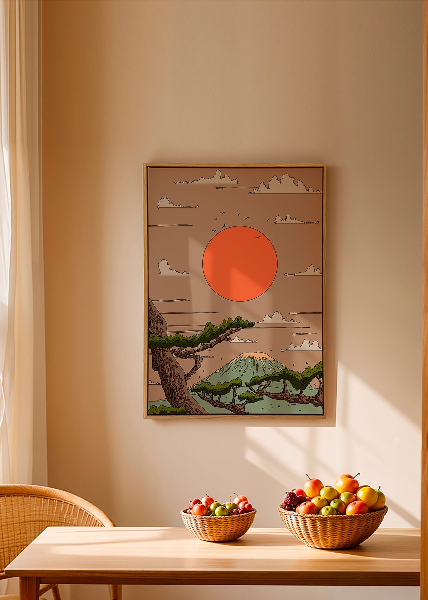 Cuadro de paisaje con sol naranja y pinos estilizados – Canvas2