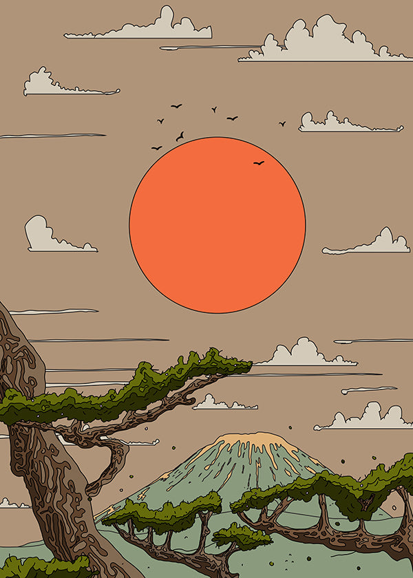 Cuadro de paisaje con sol naranja y pinos estilizados