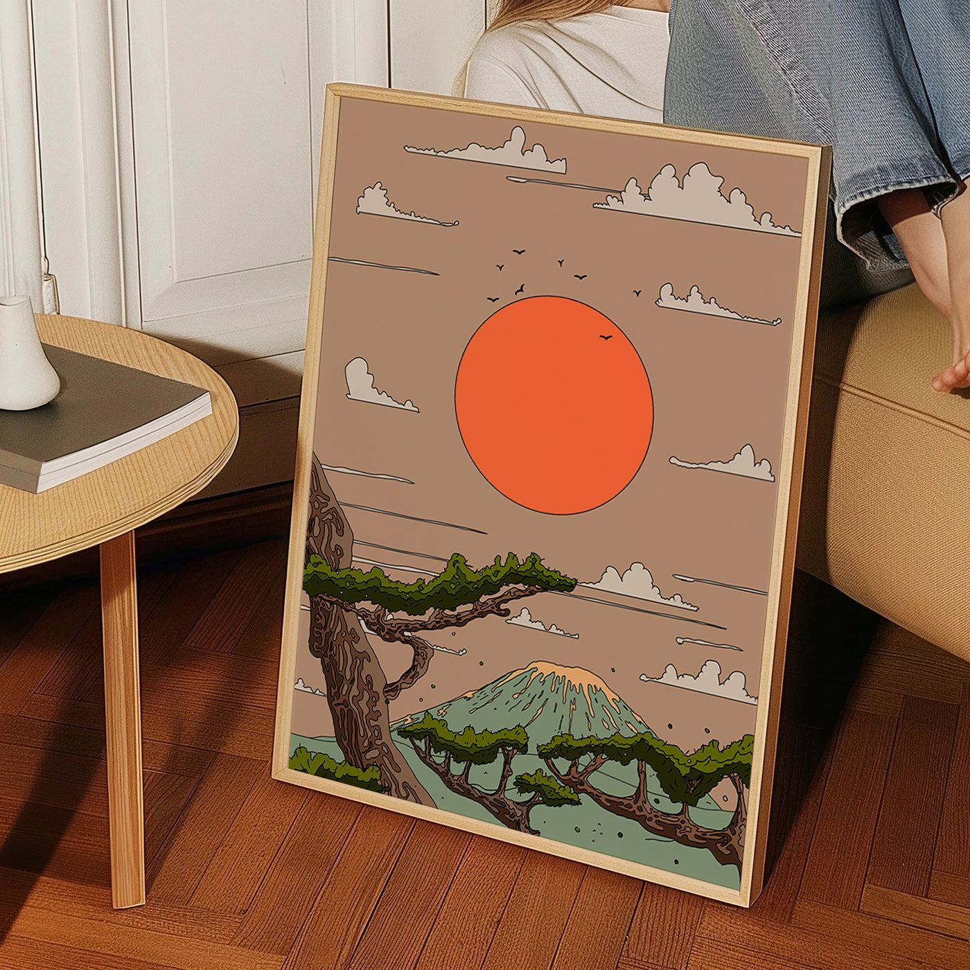 Cuadro de paisaje con sol naranja y pinos estilizados – Product2