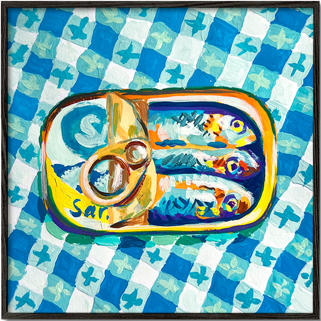 Cuadro de cocina: lata de sardinas sobre mantel a cuadros – Black Frame