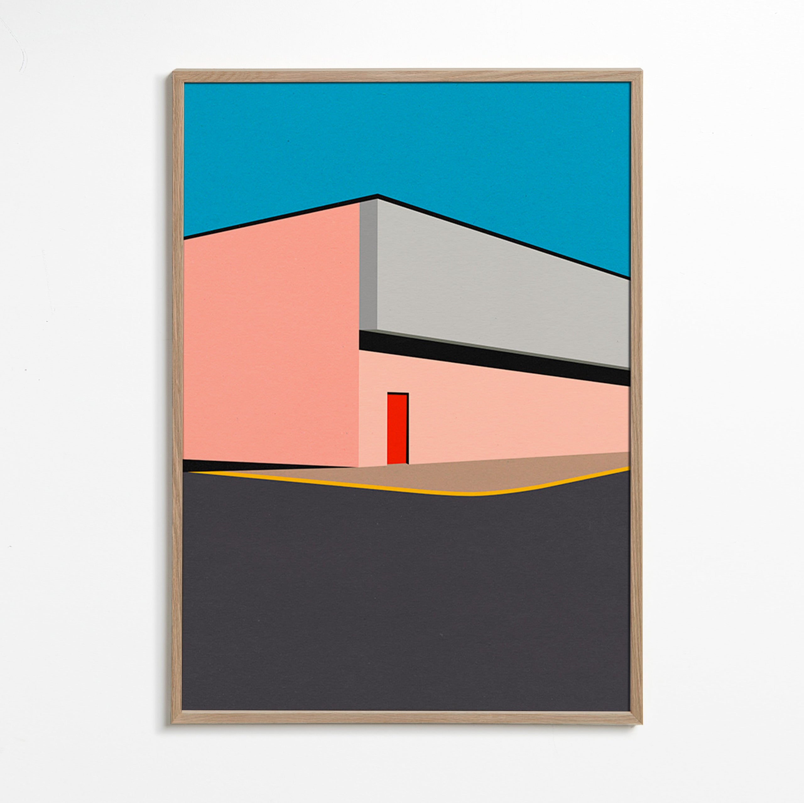 Ilustración minimal de fachada con puerta roja – Oak Frame