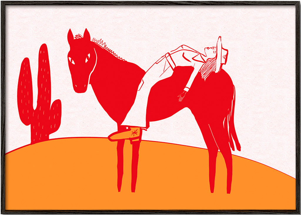 Cuadro cowgirl descansando sobre caballo rojo – Black Frame