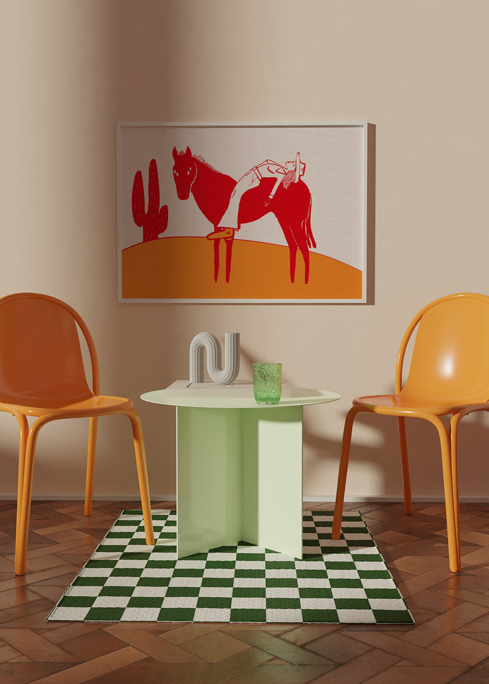 Cuadro cowgirl descansando sobre caballo rojo – Product3