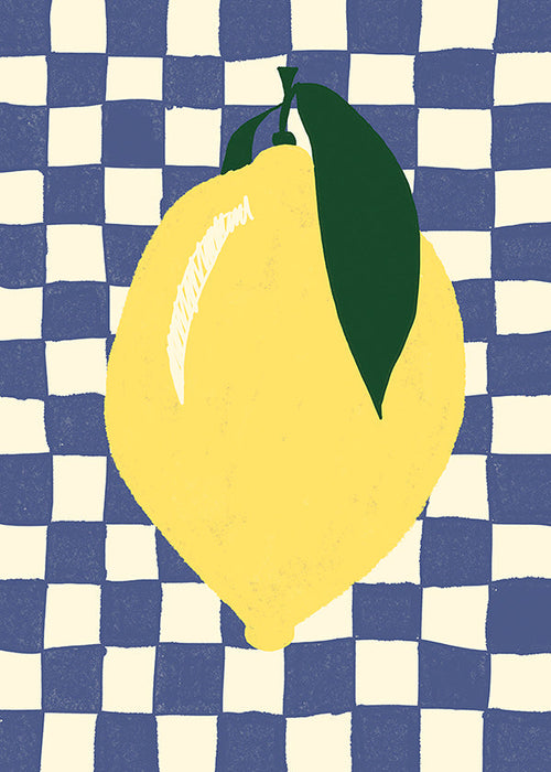 Cuadro de cocina con limón ilustrado y fondo ajedrezado