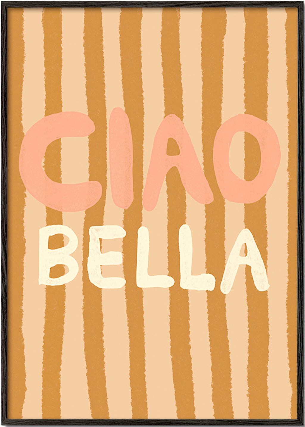 Ilustración Ciao Bella con tipografía y rayas tostadas – Black Frame