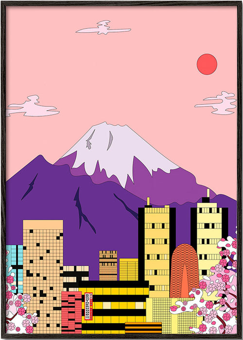Cuadro de ciudades con Fuji y sakura – Black Frame
