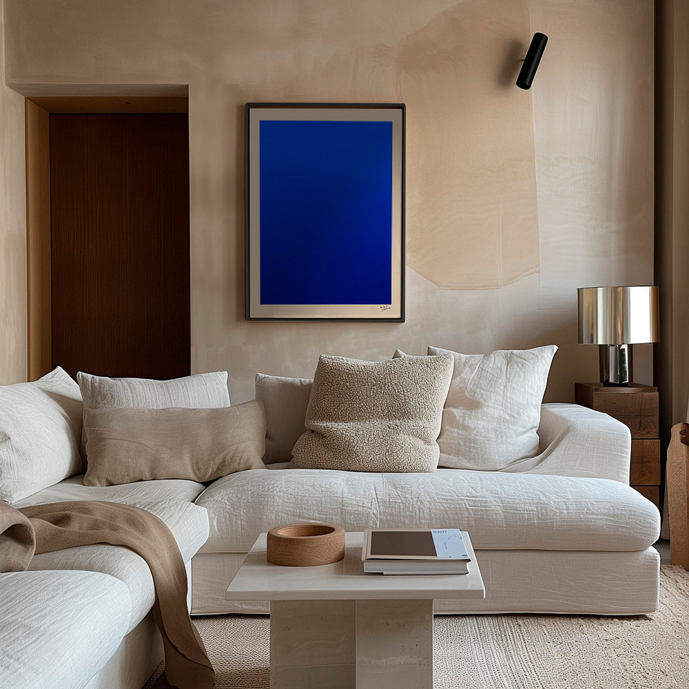 Cuadro abstracto con campo azul y borde beige – Canvas2