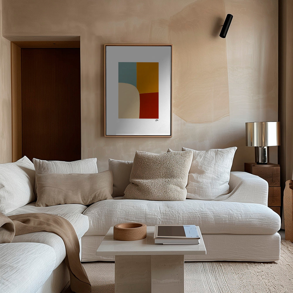 Cuadro geométrico con curva y bloques ocres – Canvas1