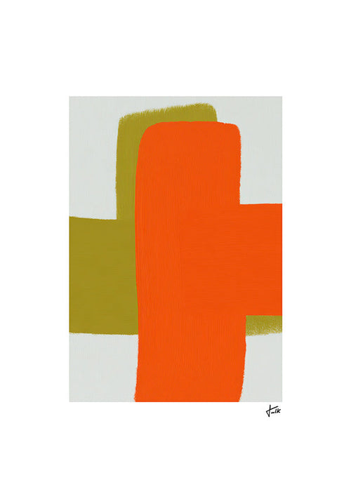 Cuadro abstracto naranja y verde con formas verticales