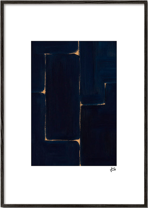 Cuadro abstracto azul profundo con vetas doradas – Black Frame