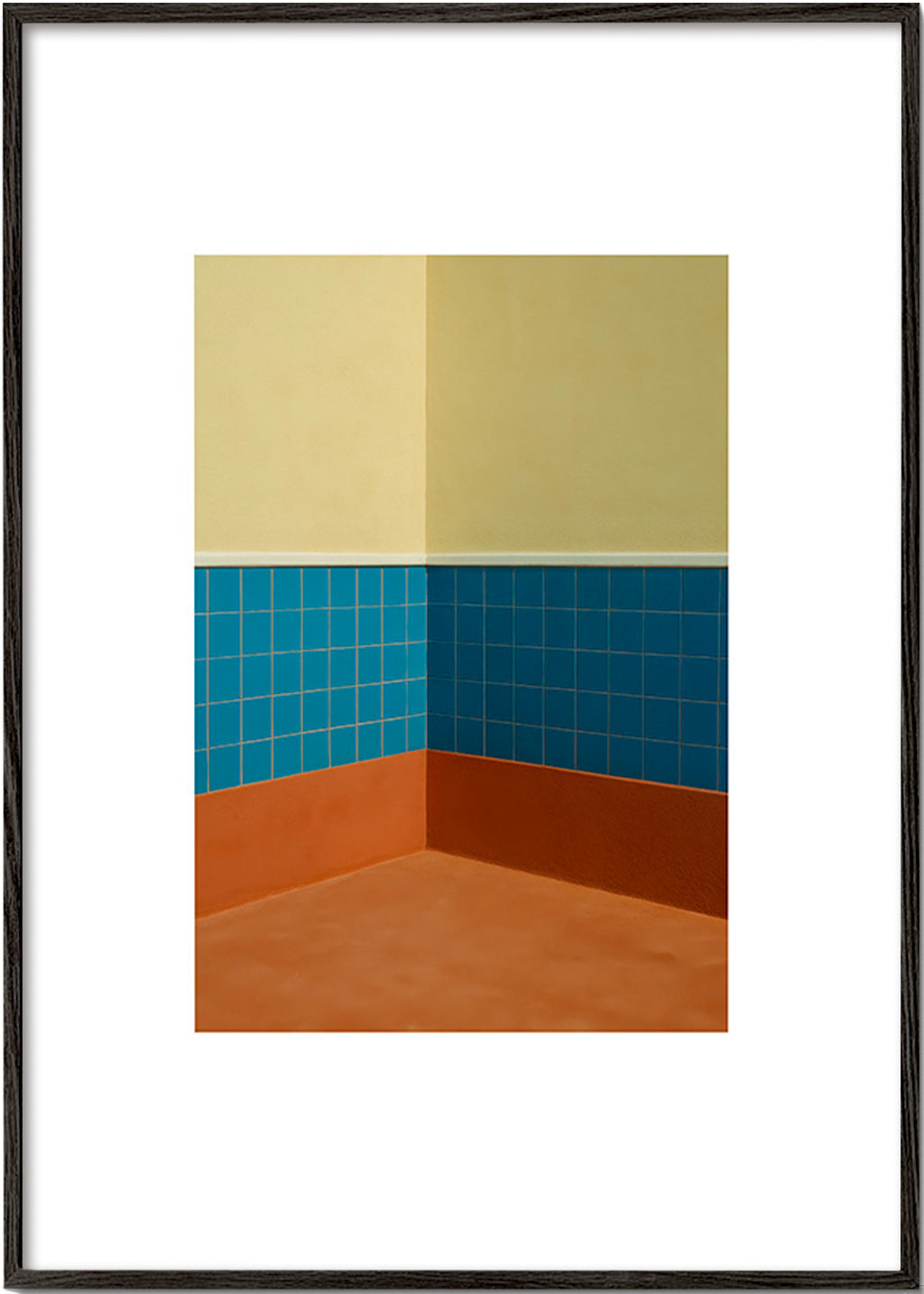 Cuadro minimalista: esquina de azulejos azules y suelo terracota – Black Frame