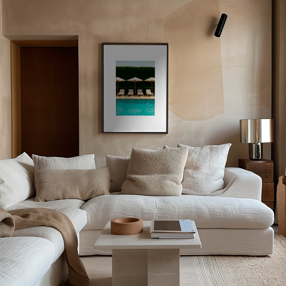 Fotografía de piscina con sombrillas y líneas limpias – Canvas2