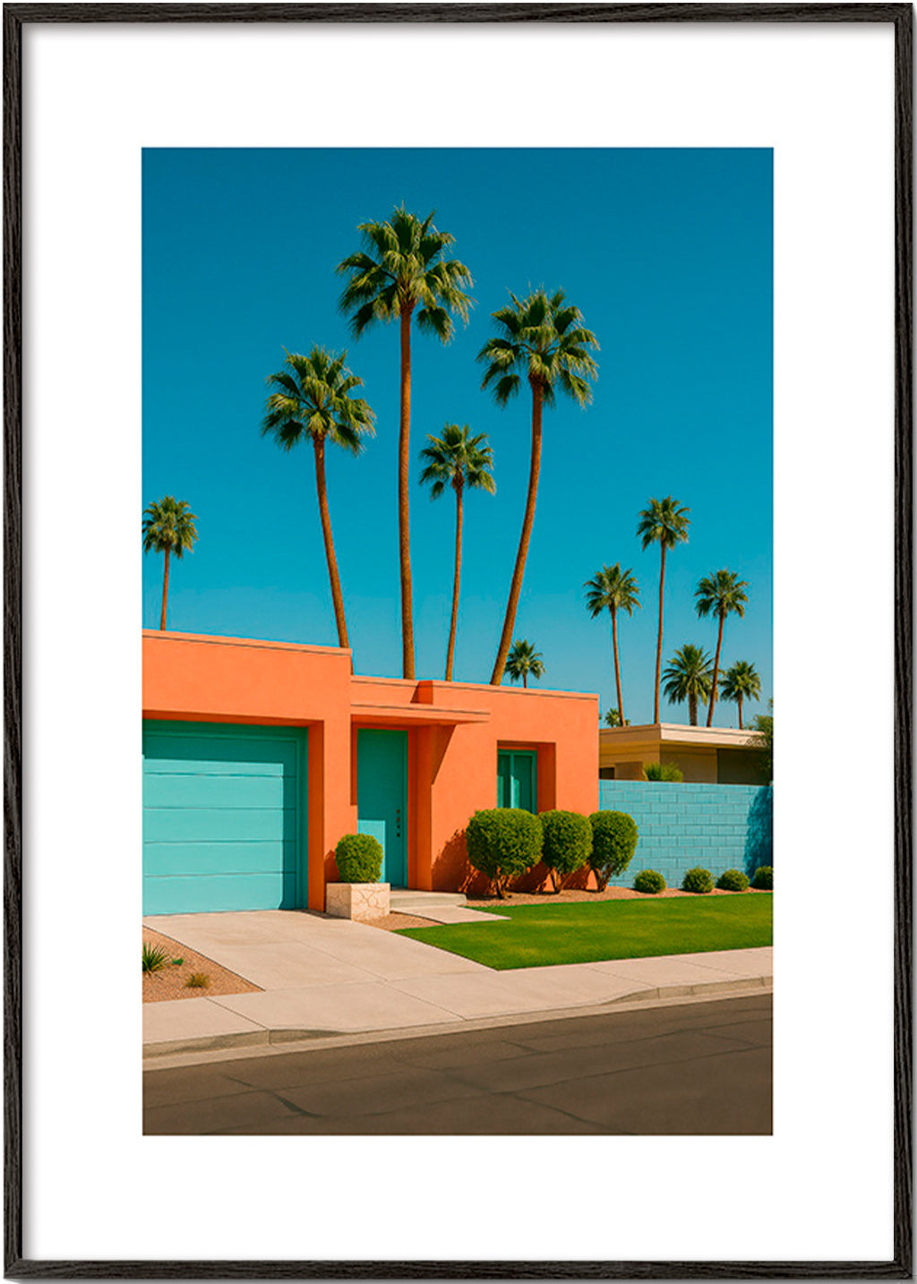 Lámina botánica Palm House con palmeras y fachada coral – Black Frame