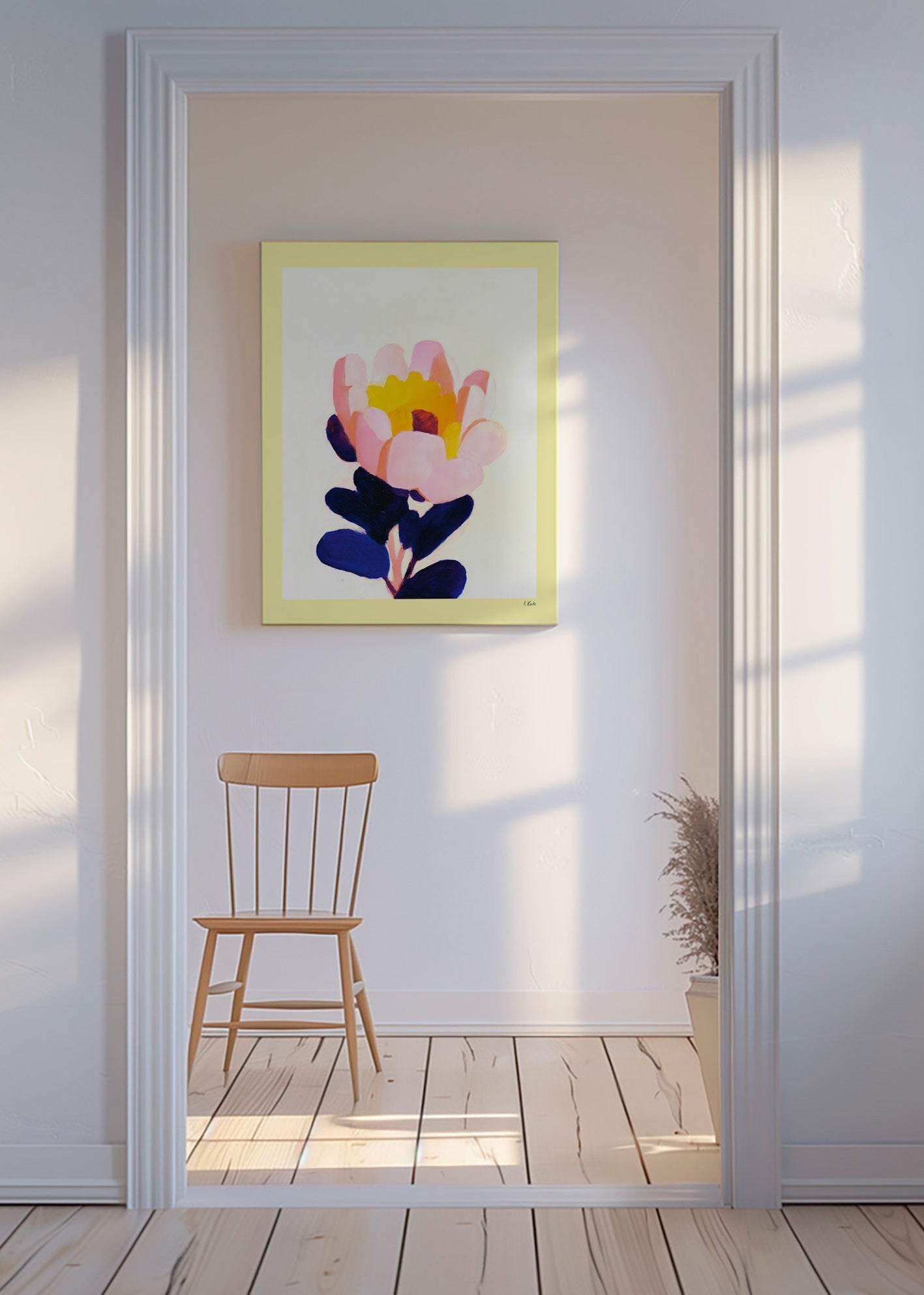 Lámina botánica: flor rosa con hojas azul profundo – Canvas