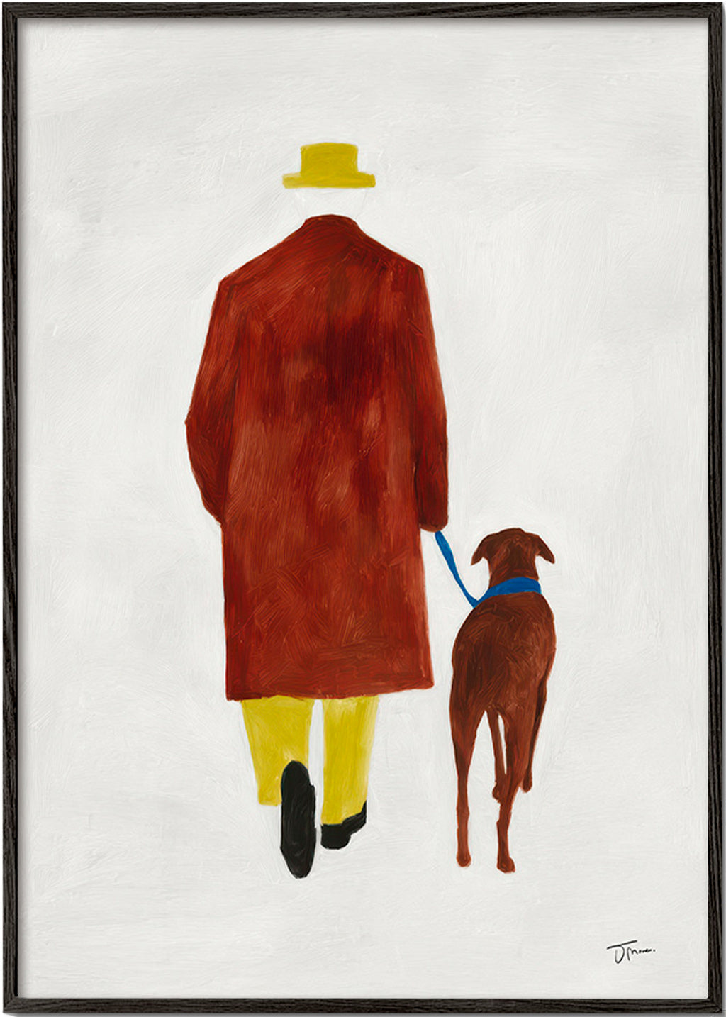 Ilustración de paseo con perro y sombrero amarillo – Black Frame
