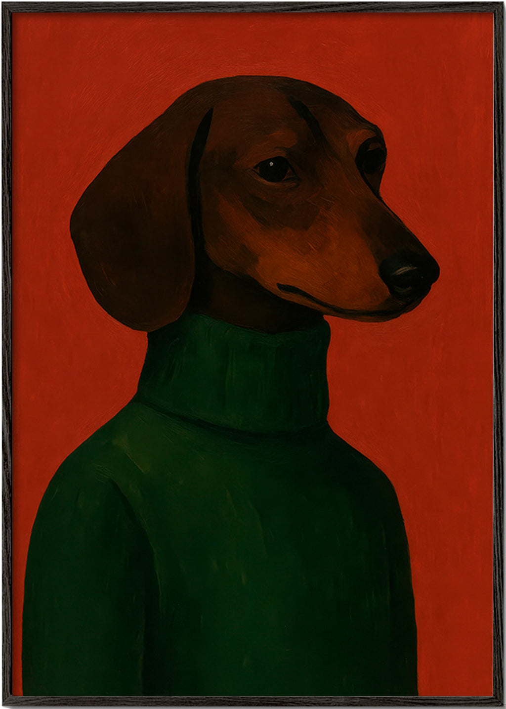 Cuadro retrato de perro salchicha con jersey verde – Black Frame