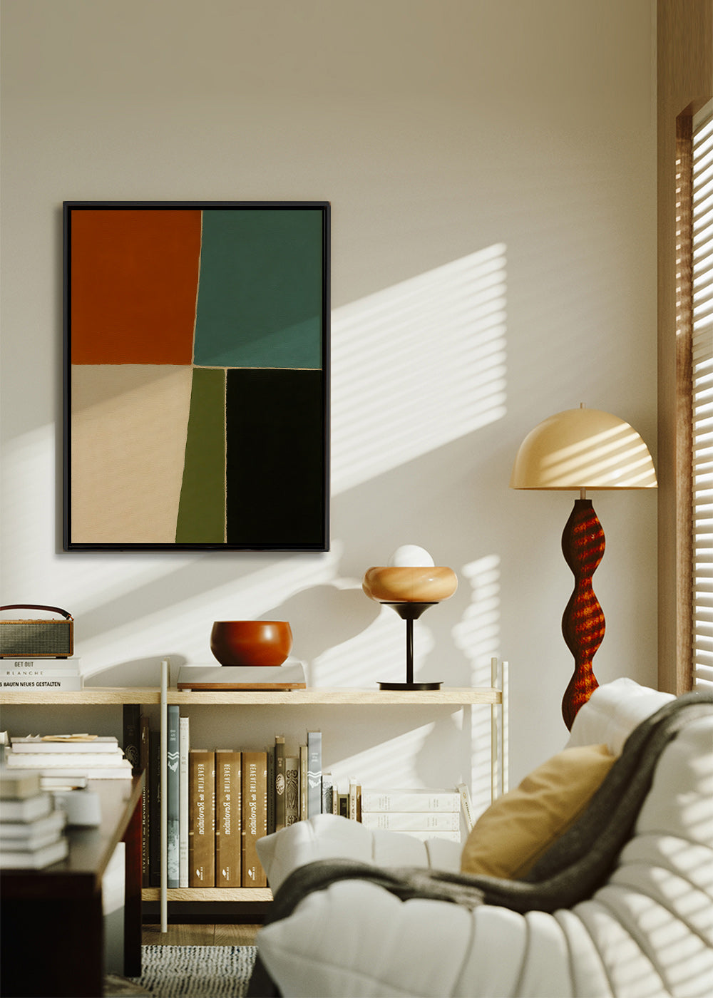 Cuadro geométrico con bloques terrosos y marinos – Canvas2