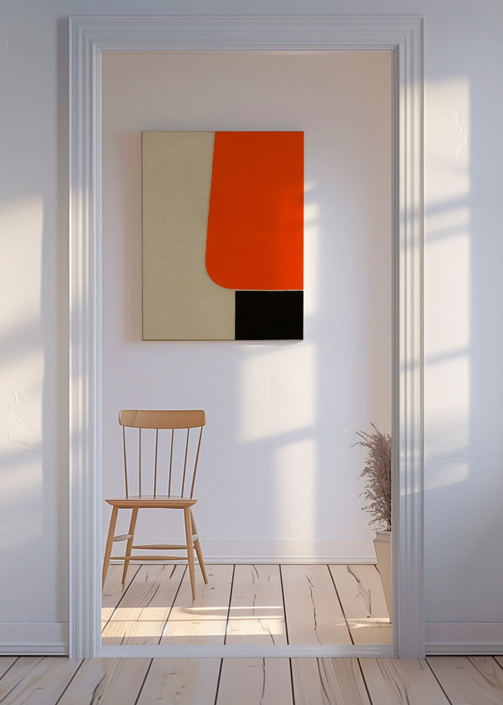 Cuadro geométrico con bloque naranja y base negra – Canvas