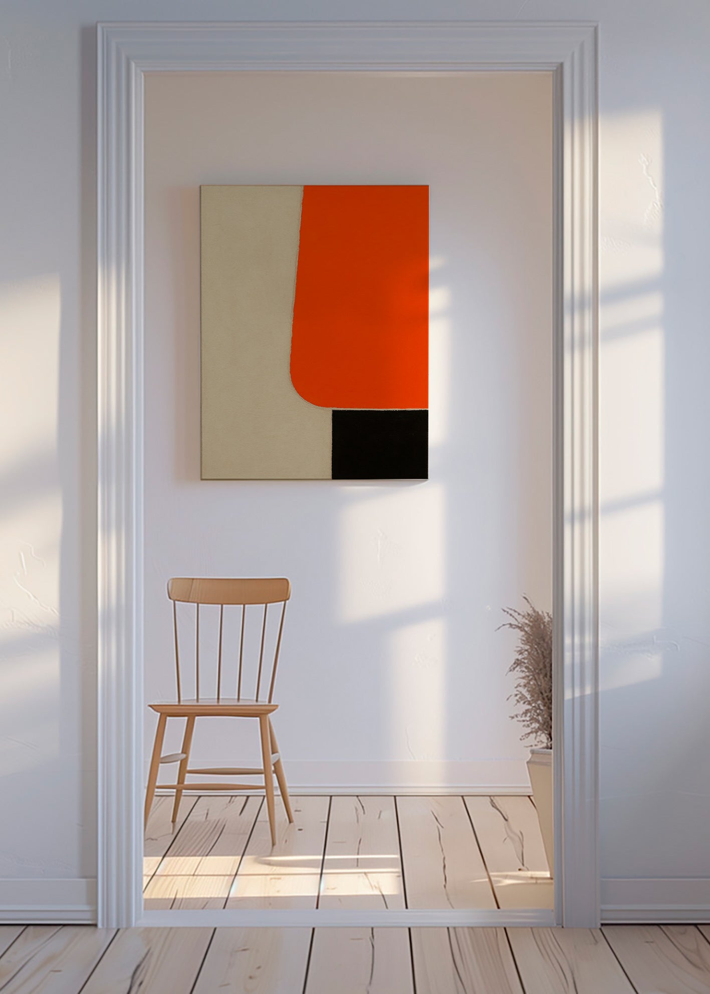 Cuadro geométrico con bloque naranja y base negra – Canvas