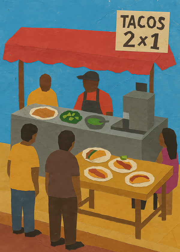 Cuadro de cocina con puesto de tacos ilustrado