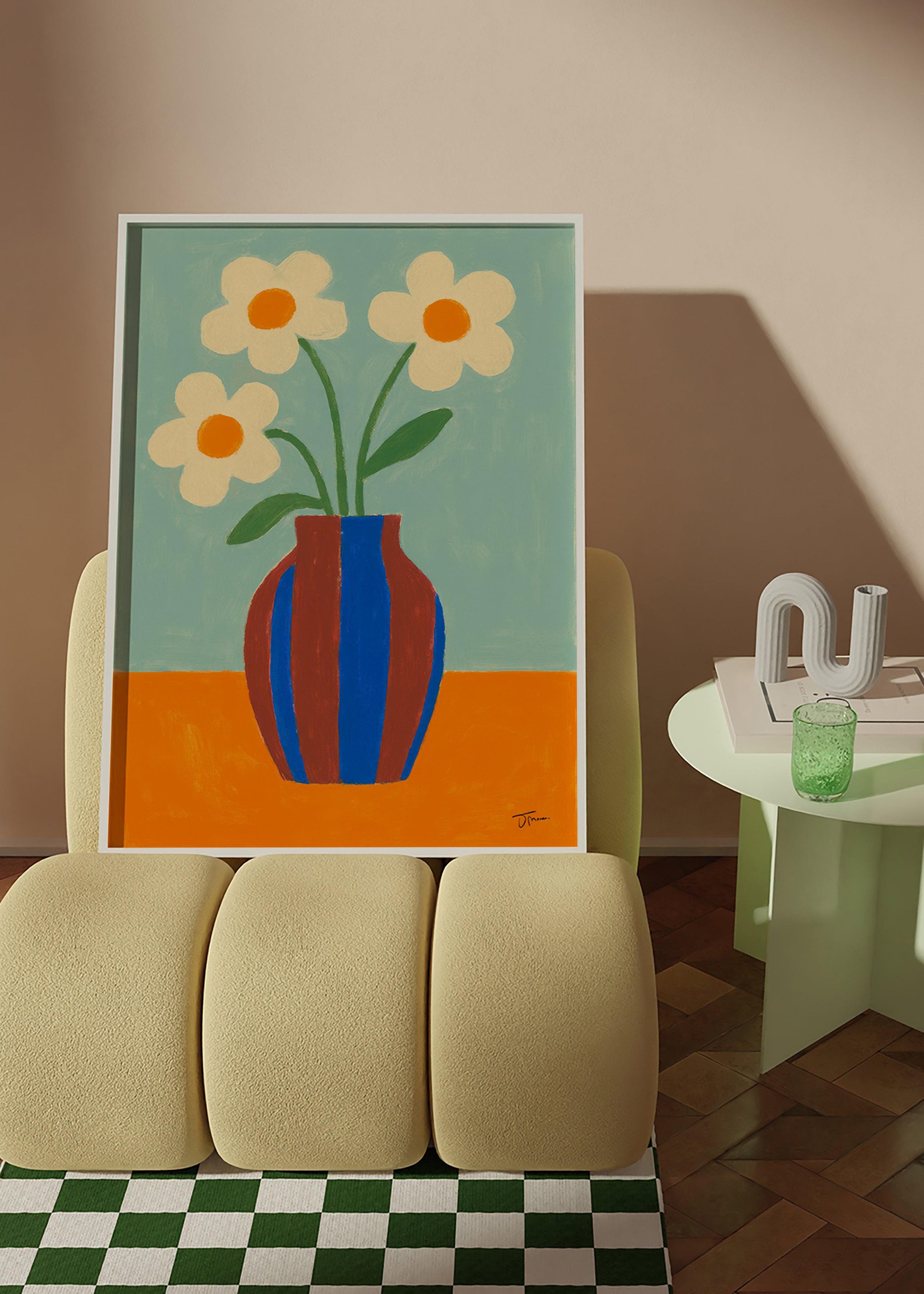 Lámina botánica con jarrón rayado y flores crema – Product2