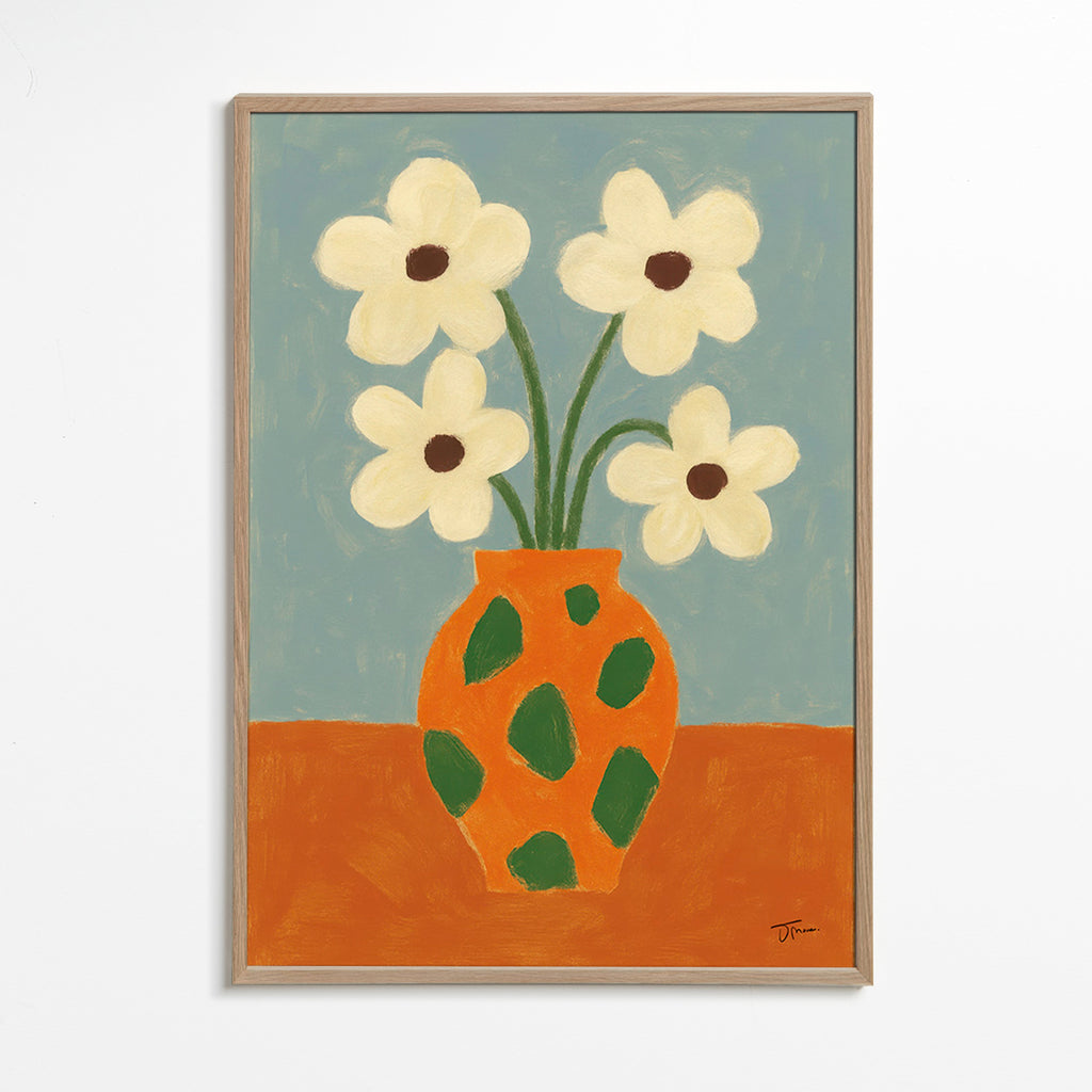 Lámina botánica: jarrón naranja con flores – Oak Frame