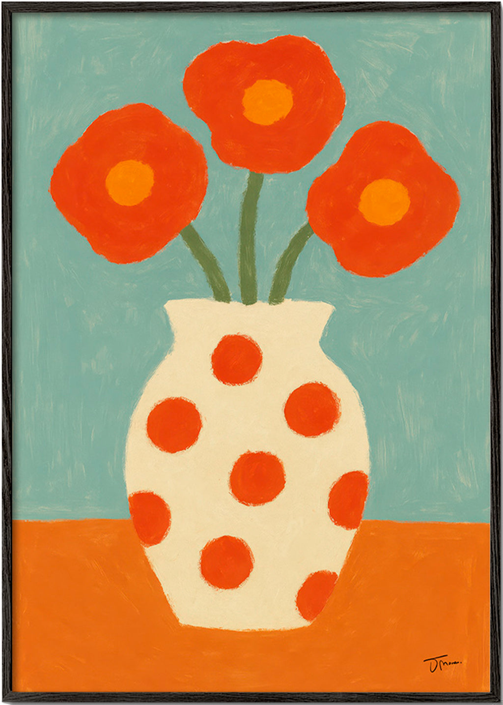 Lámina botánica con jarrón de lunares rojos – Black Frame