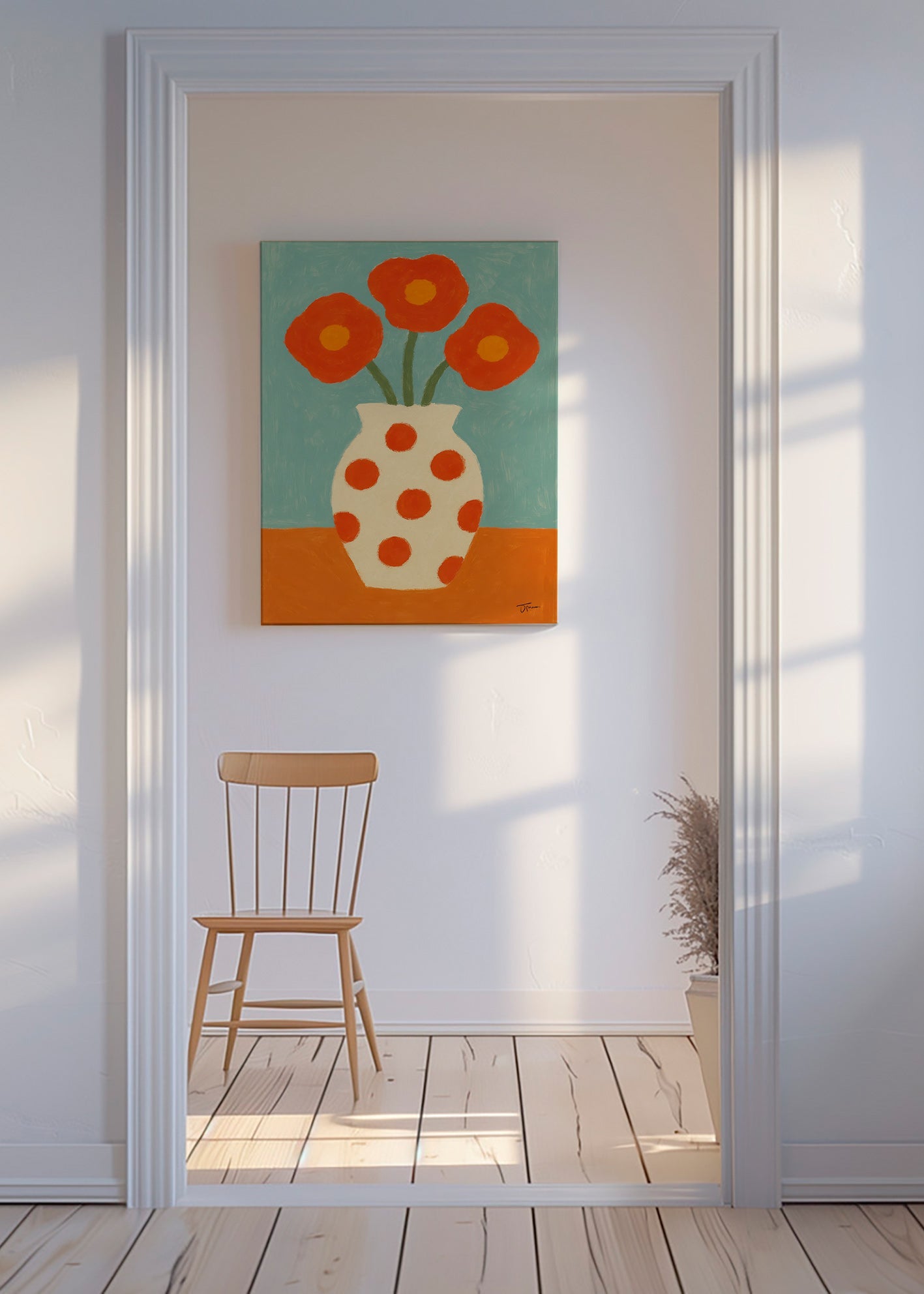 Lámina botánica con jarrón de lunares rojos – Canvas