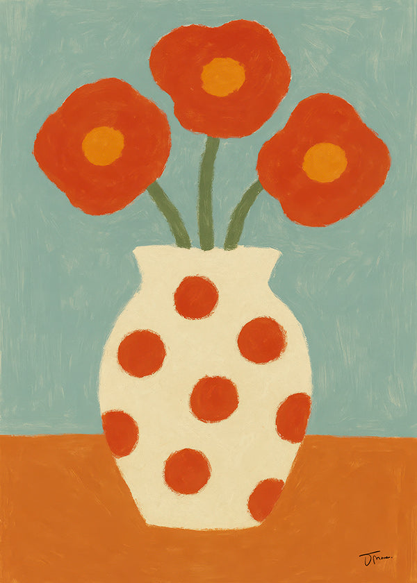 Lámina botánica con jarrón de lunares rojos