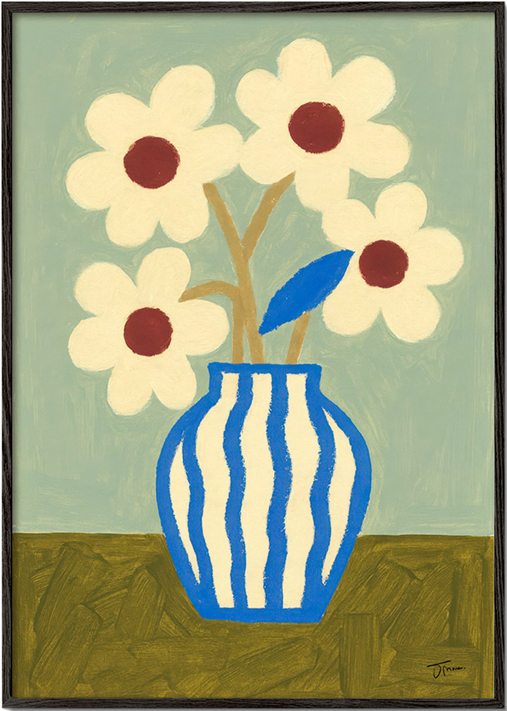 Lámina botánica jarrón azul con flores estilizadas – Black Frame