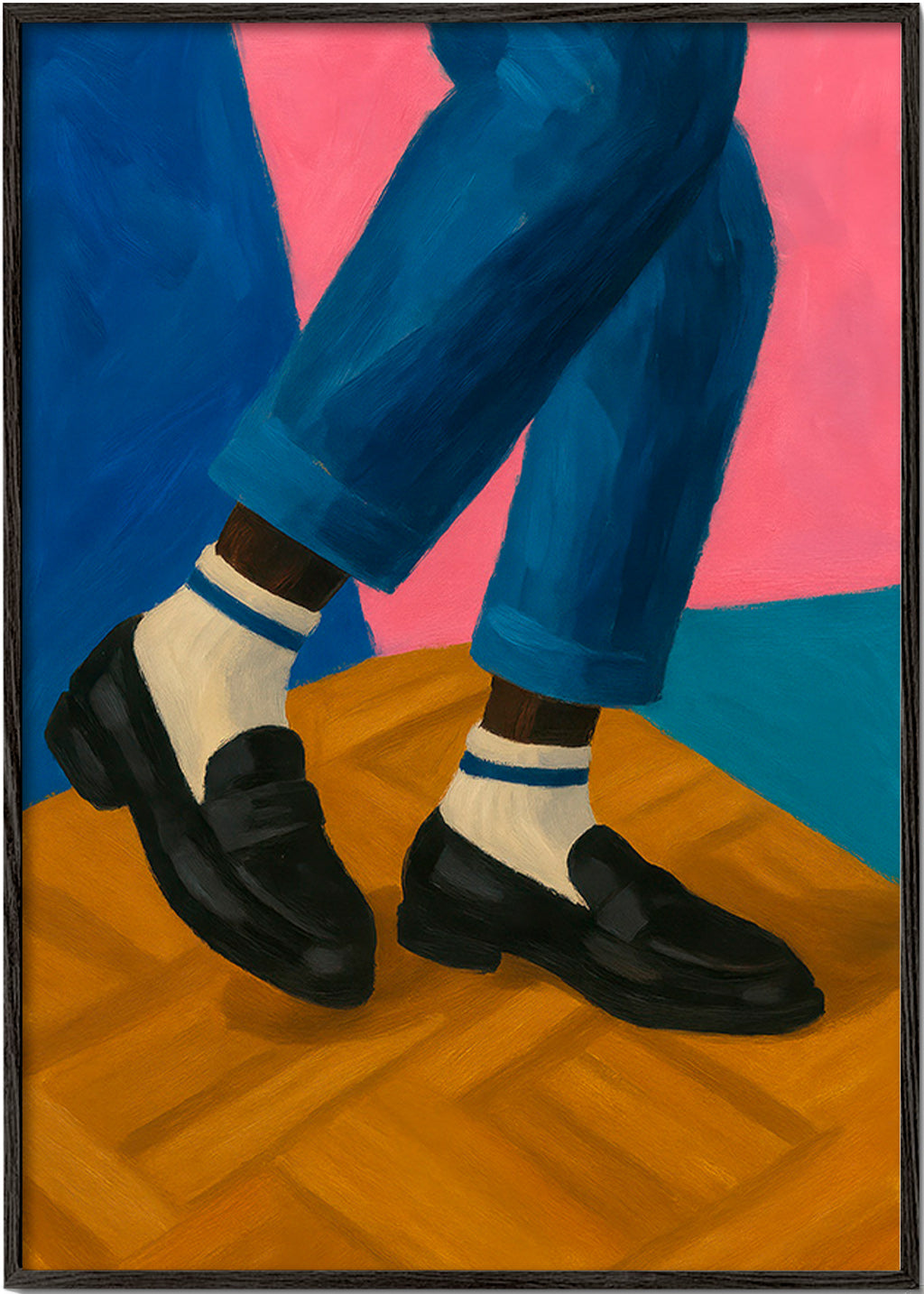 Ilustración de loafers y calcetines a rayas – Black Frame