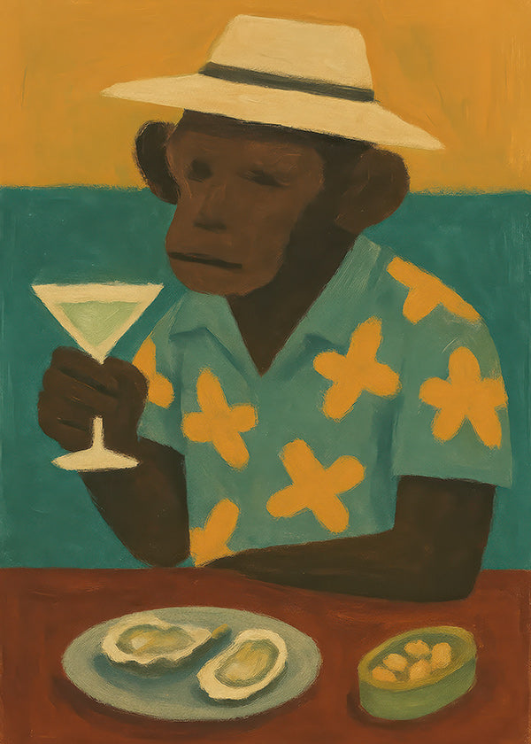 Cuadro de cocina con mono y cóctel