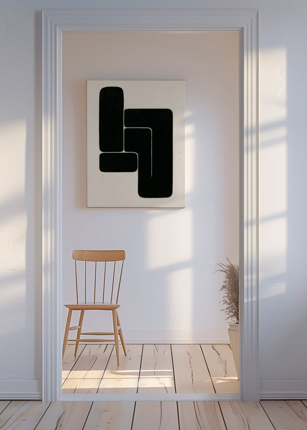 Cuadro geométrico en formas negras y fondo crema – Canvas