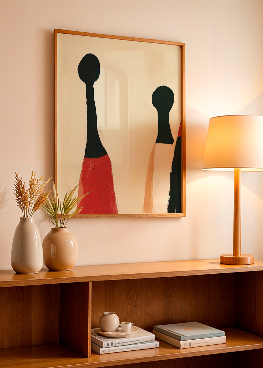 Cuadro abstracto de figuras alargadas en rojo y negro – Product2