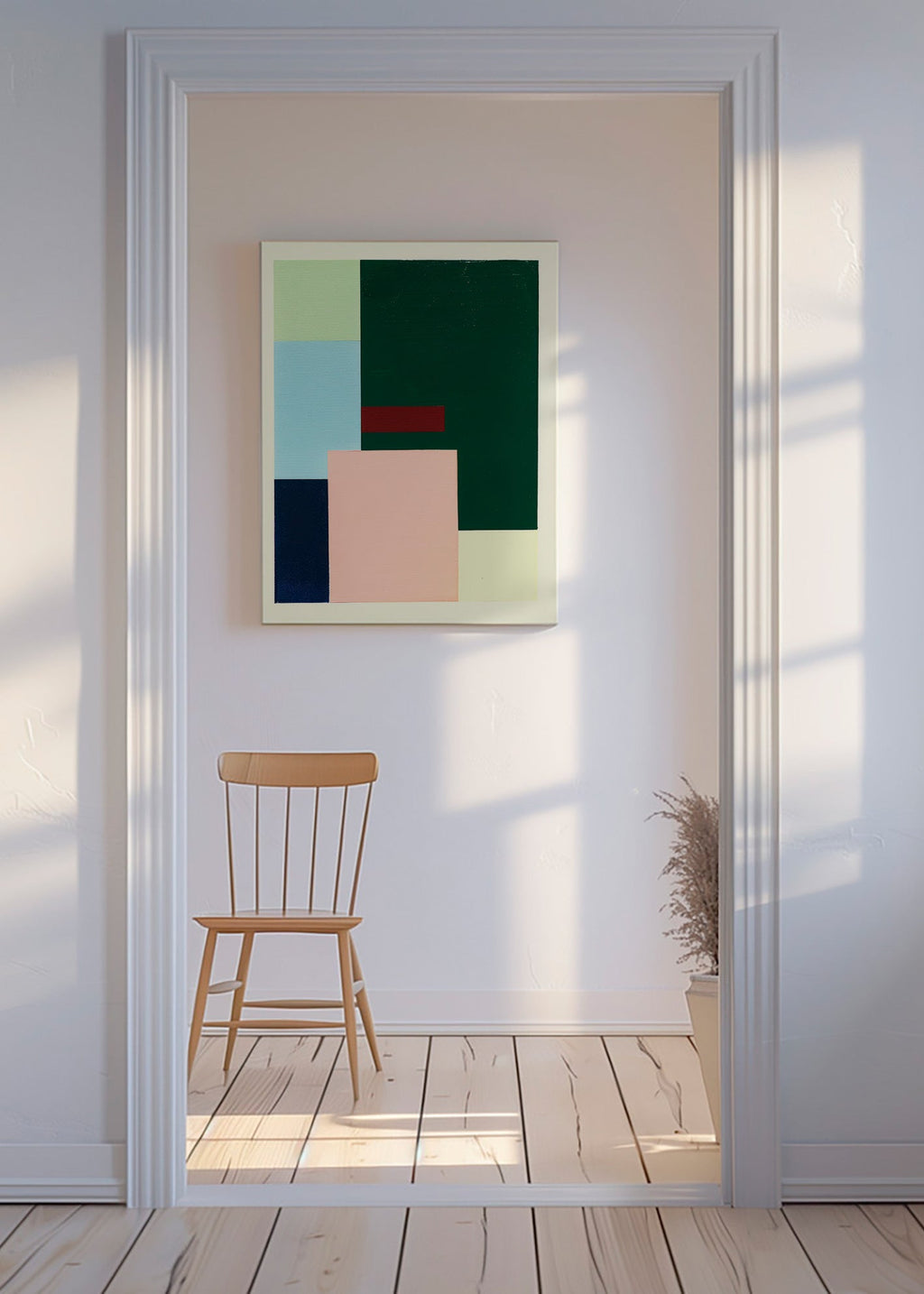 Cuadro geométrico de bloques: verde profundo y rosa suave – Canvas