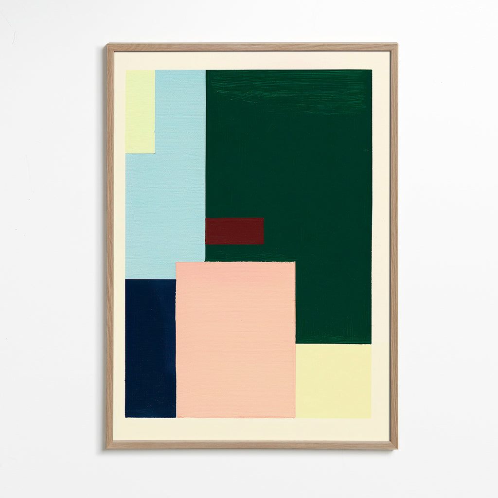 Cuadro geométrico: bloques pastel y verde profundo – Oak Frame