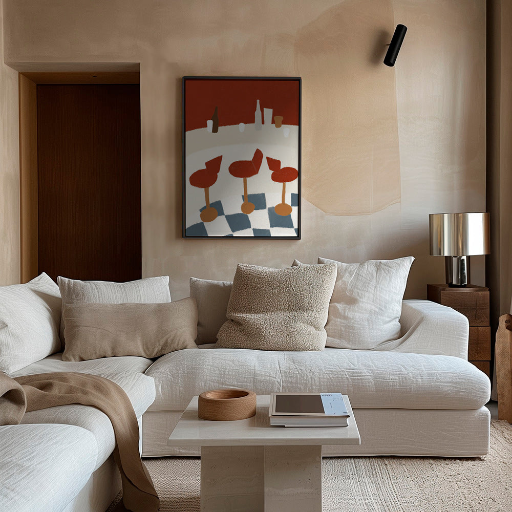 Cuadro de cocina con taburetes rojos y suelo a cuadros – Canvas1