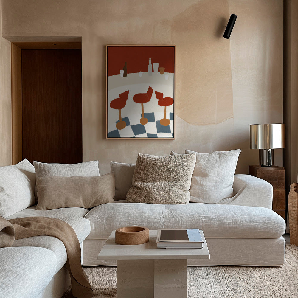 Cuadro de cocina con taburetes rojos y suelo a cuadros – Canvas2