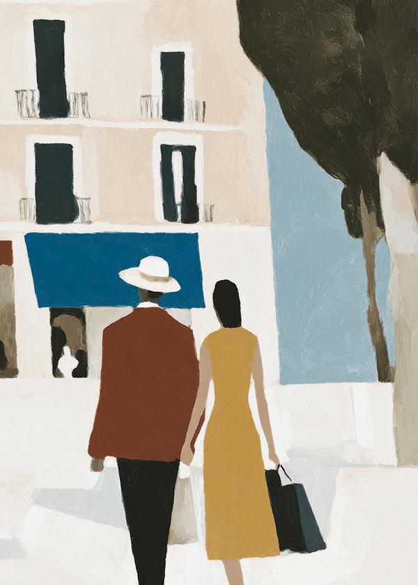 Ilustración de pareja sobre ciudad minimalista