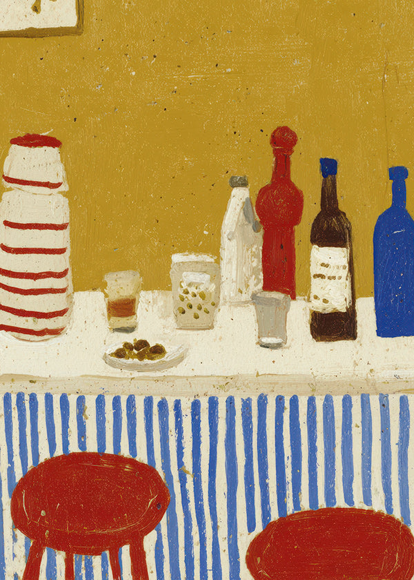 Cuadro de cocina: bodegón de barra con rayas azules