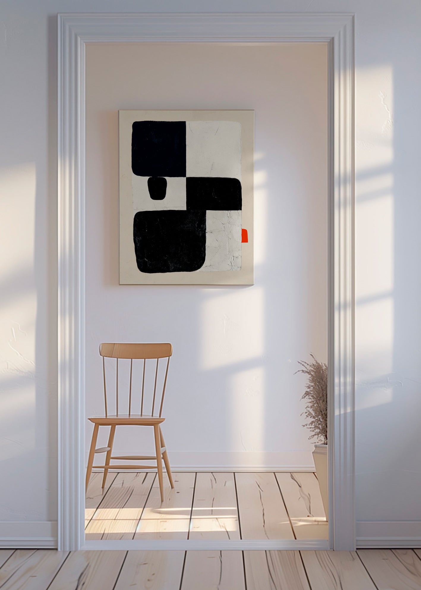 Cuadro geométrico con bloques negros y acento rojo – Canvas