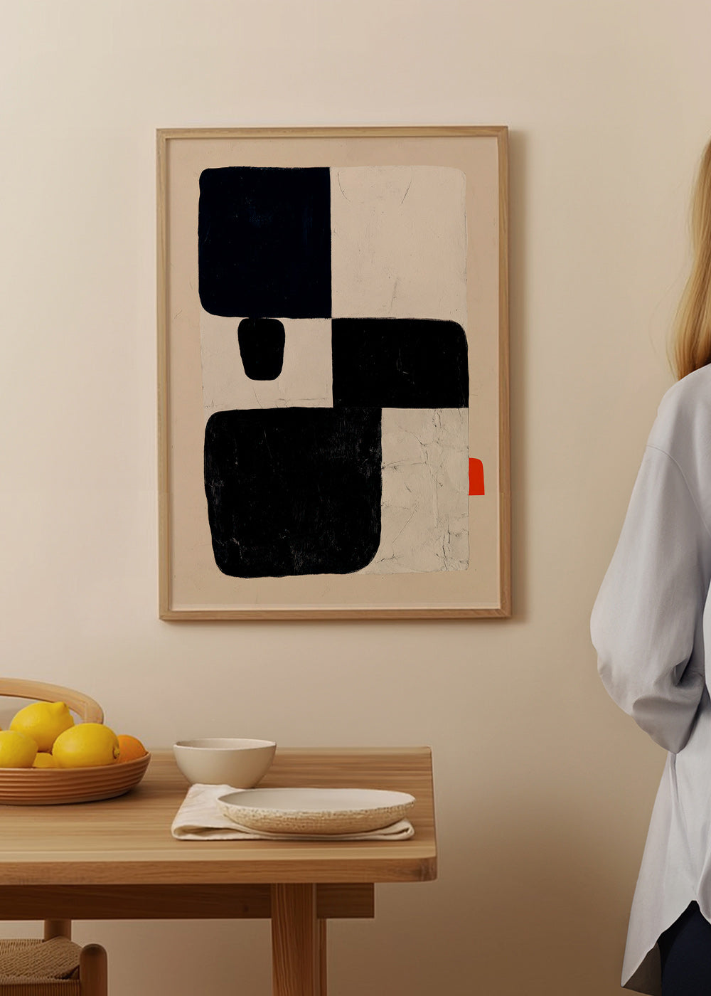 Cuadro geométrico con bloques negros y acento rojo – Product3