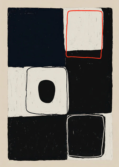 Cuadro geométrico con bloques y trazo rojo