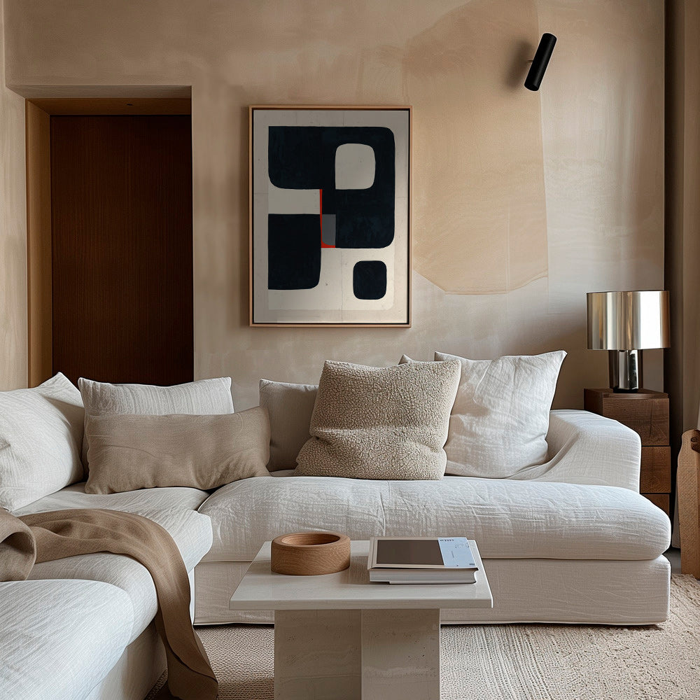 Cuadro geométrico con bloques negros y detalle rojo – Canvas2