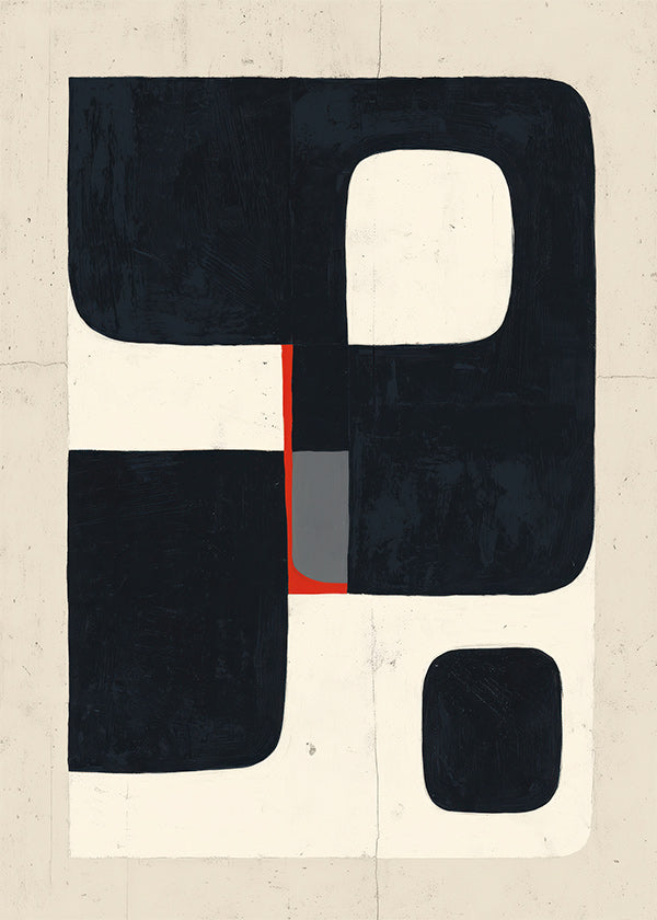 Cuadro geométrico con bloques negros y detalle rojo